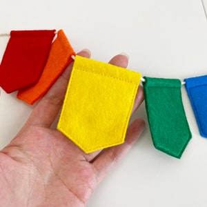 May include: A colorful felt banner with red, orange, yellow, green, and blue pennants strung on a white cord. The banner is held in a hand, showcasing the vibrant rainbow colors of the felt flags.