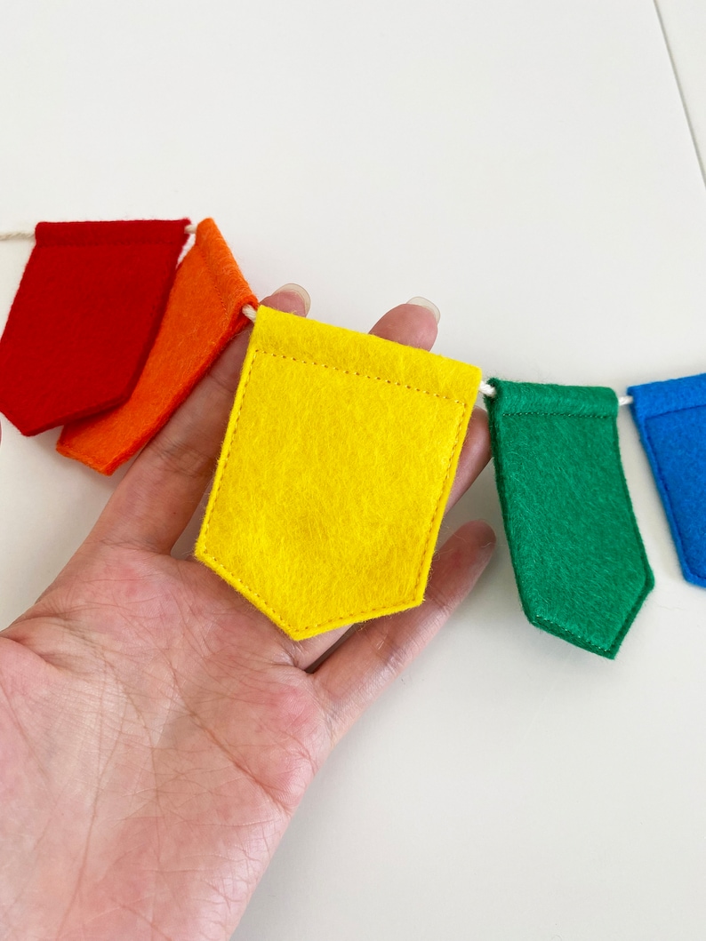 May include: A colorful felt banner with red, orange, yellow, green, and blue pennants strung on a white cord. The banner is held in a hand, showcasing the vibrant rainbow colors of the felt flags.