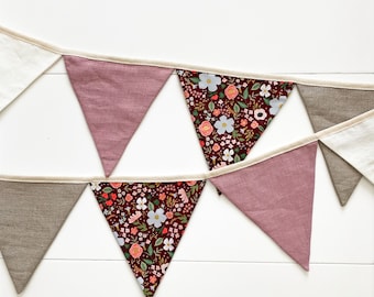 Linen Bunting for Floral Pink Girl Nursery -  Party Decor Banner | Handmade Fabric Triangle Flags for Baby Room