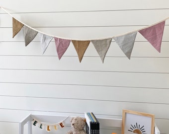 Linen Bunting Banner - Pink Girl Nursery Decor - Party Garland | Handmade Wall Hanging Triangle Fabric Flags for Baby Shower Decoration