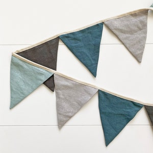Linen Bunting Banner for Boy Nursery Decor - Party Garland | Handmade Wall Hanging Fabric Triangle Flags for Baby Crib or Room