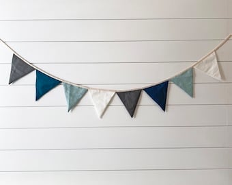 Linen Bunting Banner for Neutral Boy Nursery Decor - Party Garland | Handmade Wall Hanging Fabric Triangle Flags for Baby Room