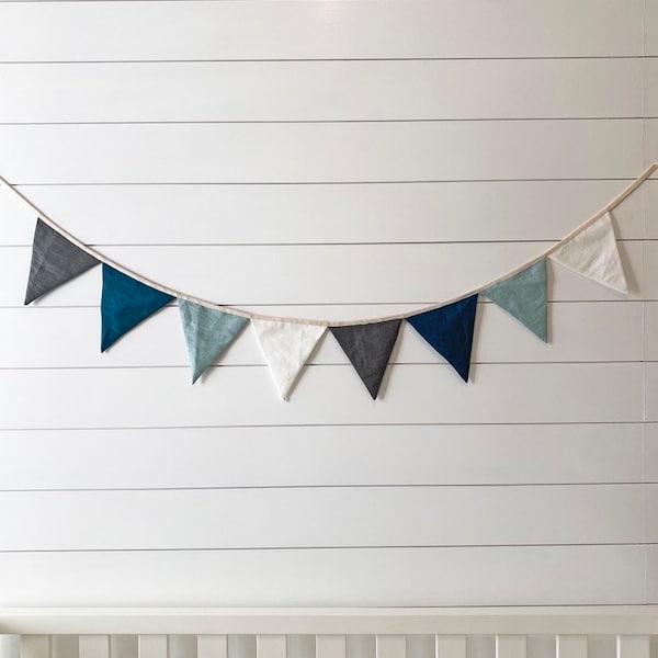 Linen Bunting Banner for Neutral Boy Nursery Decor - Party Garland | Handmade Wall Hanging Fabric Triangle Flags for Baby Room