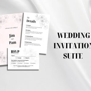 Wedding Invitation Suite Download Template | Modern | Minimalistic | Flowers | Pink | Invite | RSVP | Sign | Details | Customizable