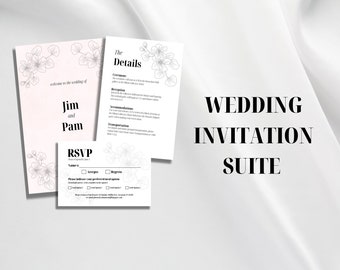 Wedding Invitation Suite Download Template | Modern | Minimalistic | Flowers | Pink | Invite | RSVP | Sign | Details | Customizable
