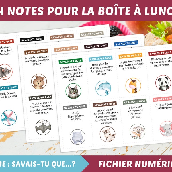 24 Notes imprimables pour la boîte à lunch | Faits insolites sur les animaux | Mots en français pour enfants | Retour à l’école