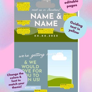 May include: A digital wedding website template featuring a gray and green layout with white text. It includes placeholders for names, dates, and locations, along with yellow text boxes containing instructions. The design includes a cloud graphic.