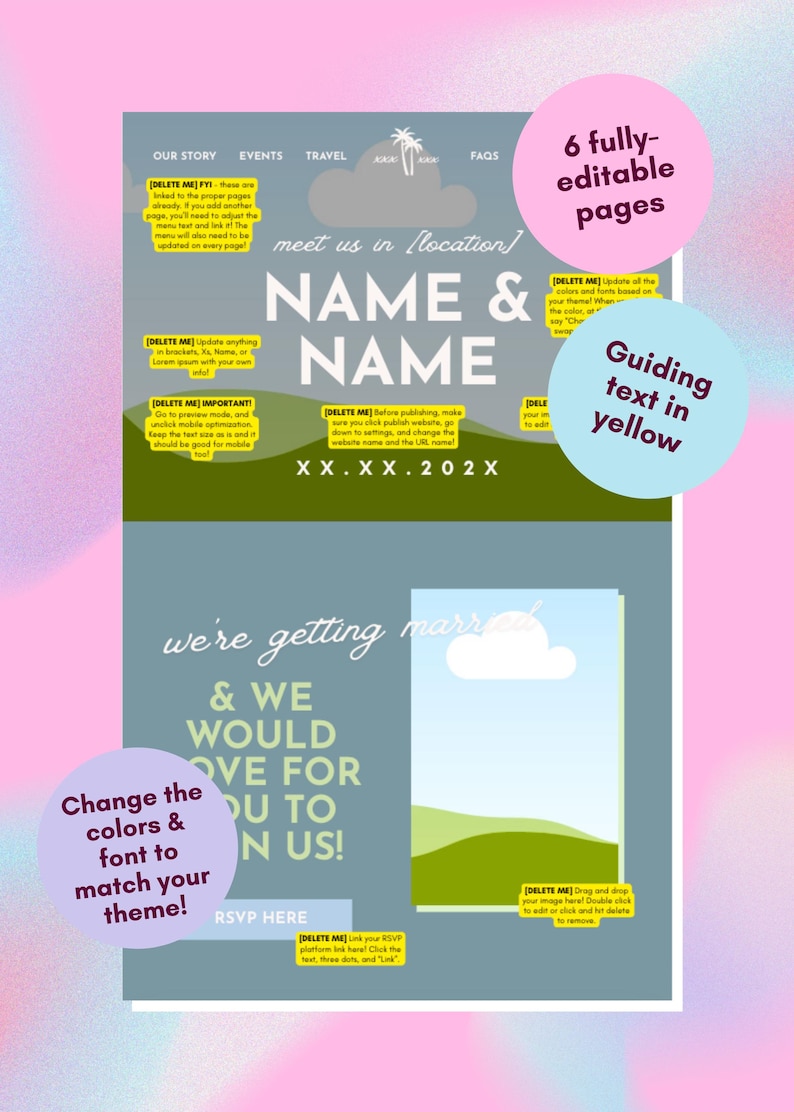 May include: A digital wedding website template featuring a gray and green layout with white text. It includes placeholders for names, dates, and locations, along with yellow text boxes containing instructions. The design includes a cloud graphic.