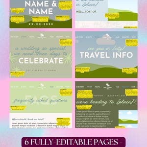 May include: A set of six fully-editable digital wedding website templates featuring green and blue color schemes, palm tree icons, and placeholder text for event details, travel information, FAQs, and registry links on a pink gradient background.