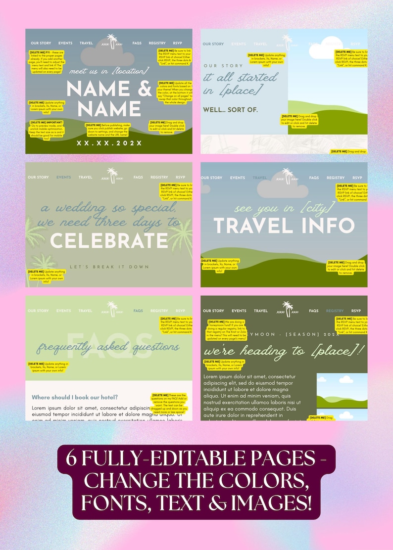 May include: A set of six fully-editable digital wedding website templates featuring green and blue color schemes, palm tree icons, and placeholder text for event details, travel information, FAQs, and registry links on a pink gradient background.