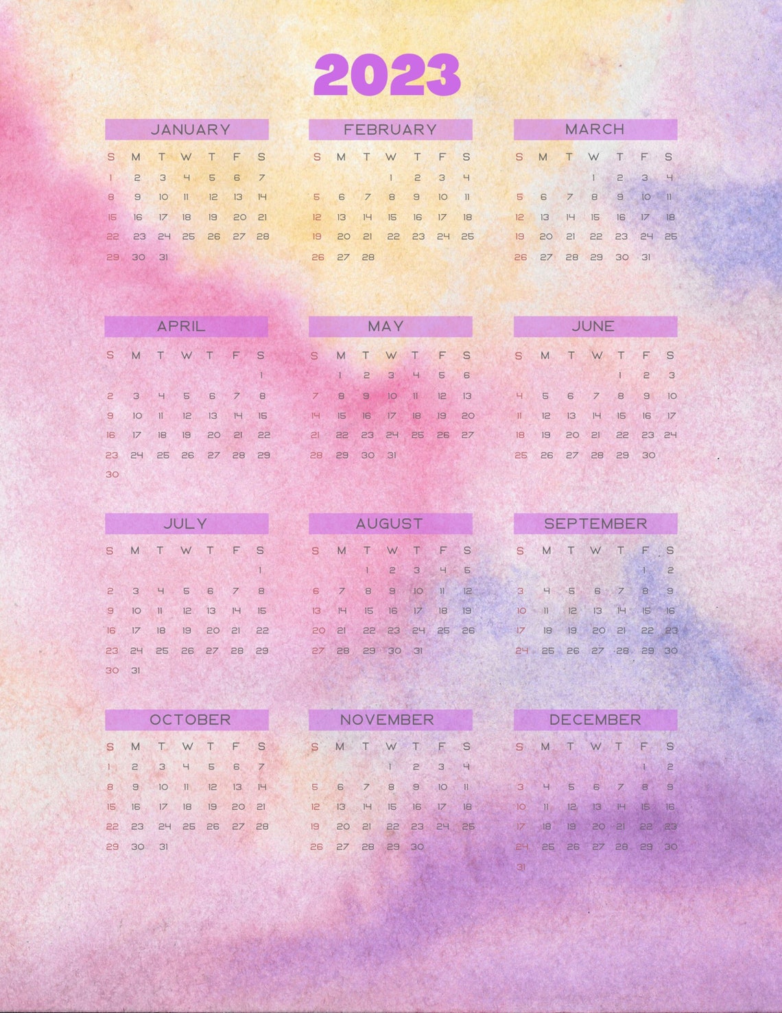 2023 Calendar At A Glance PRINTABLE CALENDAR Purple Etsy de