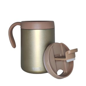 May include: A gold stainless steel travel mug with a brown lid and handle. The mug has a brushed finish and a small logo on the side.