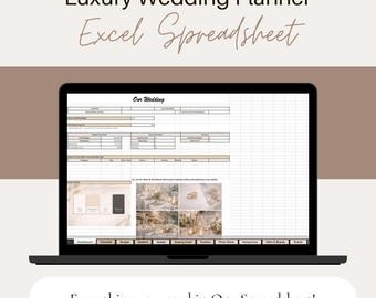 May include: A black laptop displays a wedding planner Excel spreadsheet. The screen shows a detailed layout with sections for budget, guest lists, and vendor details. Text at the top reads "Luxury Wedding Planner Excel Spreadsheet." The bottom text says "Everything you need in One Spreadsheet!"