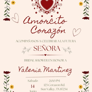 Op de afbeelding: Uitnodiging voor een bruidsdouche met een crèmekleurige achtergrond en bordeauxrode tekst. De uitnodiging bevat de woorden "Amorcito Corazón" en "Señora". Bloemen- en hartmotieven omlijsten de tekst. De uitnodiging is voor Valeria Martinez.