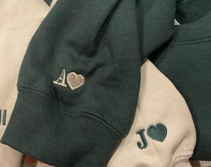 Custom Embroidered Initial Heart on Sleeve Sweatshirt, Matching Embroider Sweatshirt,Anniversary Embroider Sweatshirt, Couple Embroider Gift
