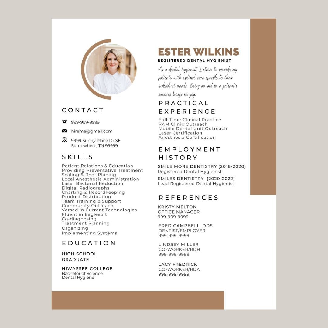 Modello di curriculum per igienista dentale - Marrone chiaro e bianco/design professionale - Curriculum per professionista sanitario per coloro che cercano una nuova posizione.