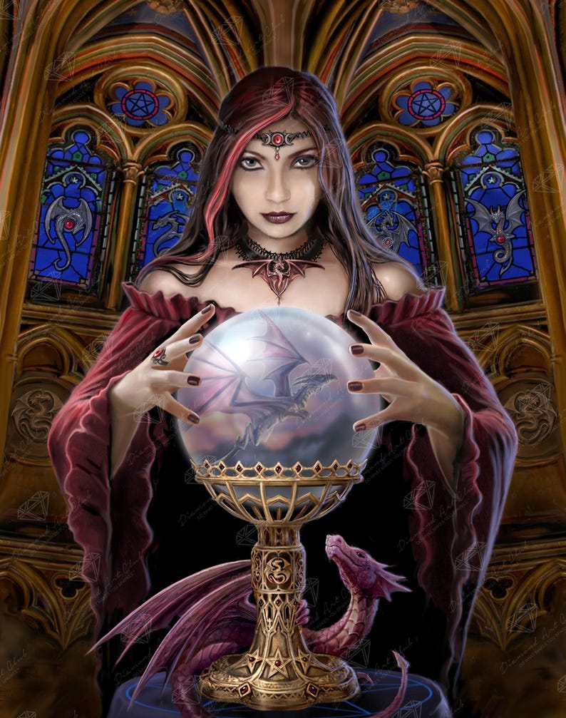May include: An illustration of a woman in a red dress with long dark hair, holding a crystal ball with a dragon inside. The crystal ball sits on a gold-colored stand with a dragon at the base. Stained glass windows are in the background.