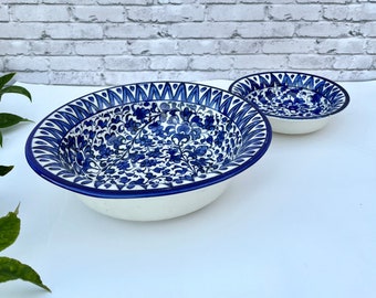 Handmade Hand-painted Ceramic Matching Bowls Set, Serving Bowls for Desserts/Soup. Dinnerware, Big and Small Blue Pottery Set of 5 Bowls.