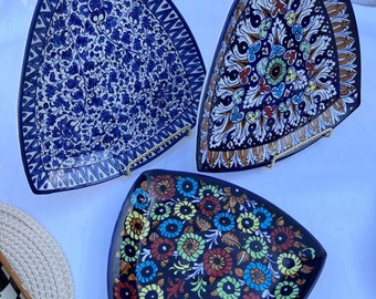 Handmade Hand-Painted Serving Triangular Plates Ceramic glazed Dish, Kitchenware Trays, Holiday Gift Dinnerware Decoration Gifts for him/her