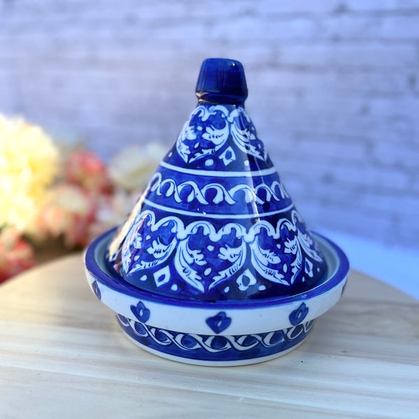 Handmade Hand-painted Ceramic Pot with Conical Lid for Serving Meals, Tagine Serving Pot Dinnerware, Blue pottery Holiday Gifts for him/ her