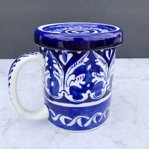 Handmade Hand-painted Blue Pottery Cups With Lid, Coffee Ceramic Cup with Cover Decoration Christmas Gifts for him/ her. Tea Mug Coffee Cup