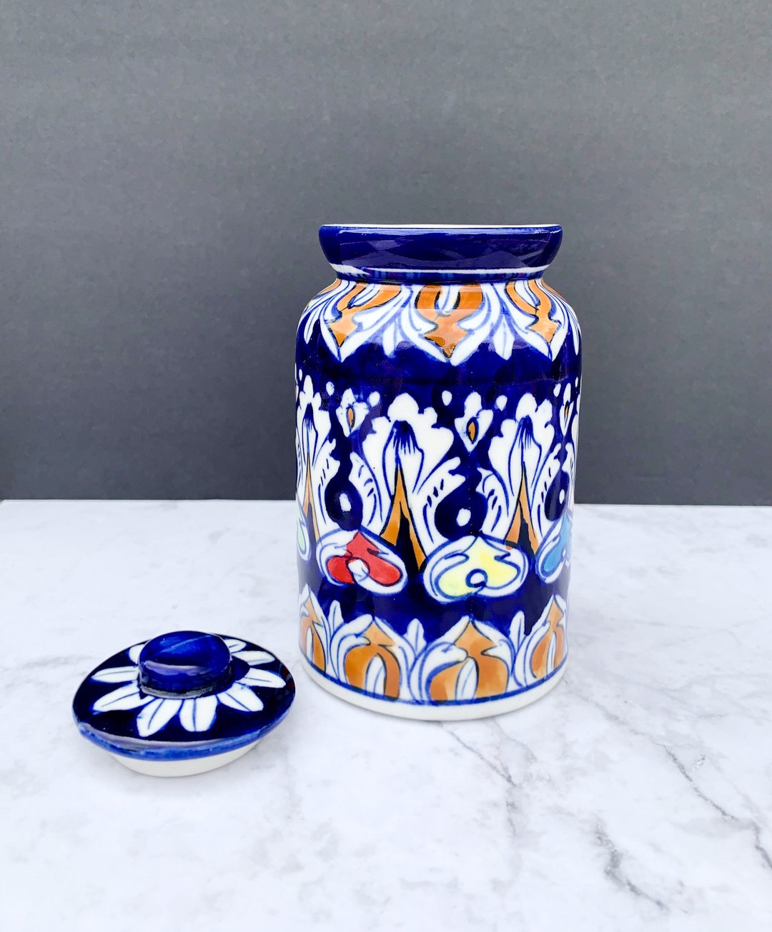 Handmade and Hand Painted Ceramic Jar With Lid, Food Storage Canister