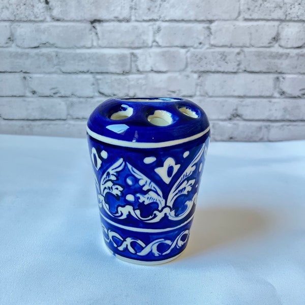 Blue pottery Ceramic Tooth Brush Holder Handcrafted Toothbrush Stand  Aqua Delight Ceramic Holder  Toothbrush Jar Blue Pottery Rinse Cup