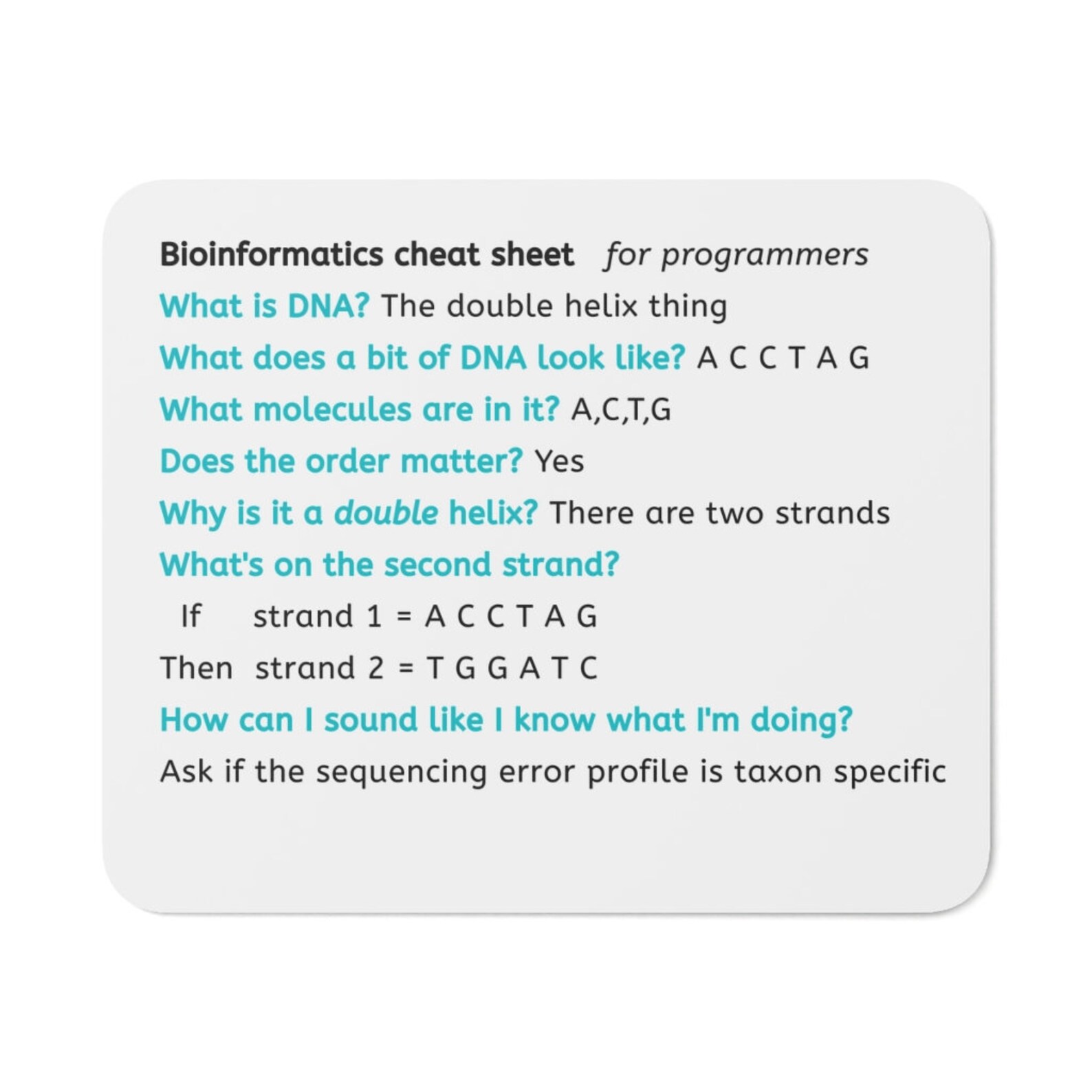 Bioinformatics Cheat Sheet for Programmers / White / Mouse Pad - Etsy UK