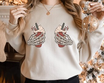 Christmas skeleton sweatshirt, funny christmas sweatshirt, ugly christmas sweater, skeleton coffee christmas sweatshirt, retro xmas sweater