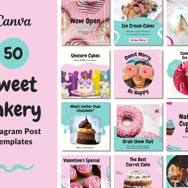 50 Bakery Instagram Post Templates | Sweets Donut Cupcake Dessert Cake Shop Ice Cream Baking | Brand Feed | Canva Templates | Pink Blue