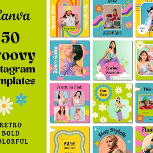 50 Retro Groovy Instagram Post Templates | Bold Colorful Vibrant 70s | Brand Feed | Canva Templates | Green Yellow Blue Pink