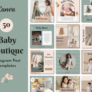 50 Kid Baby Boutique Instagram Post Templates | Children Clothing Fashion Retail | Brand Feed | Canva Templates | Dusty Blue Pink Neutral