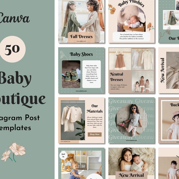 50 Kid Baby Boutique Instagram Post Templates | Children Clothing Fashion Retail | Brand Feed | Canva Templates | Dusty Blue Pink Neutral