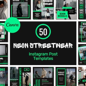 50 Neon Fashion Instagram Post Templates | Neon Hype | Streetwear Urban Lifestyle Brand | Brand Feed | Canva Templates | Neon Green Black