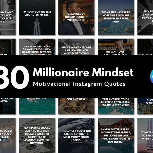 130 Millionaire Mindset Instagram Quote Templates | Motivational Entrepreneur Hustle Quotes | Brand Feed | Canva Templates | Black
