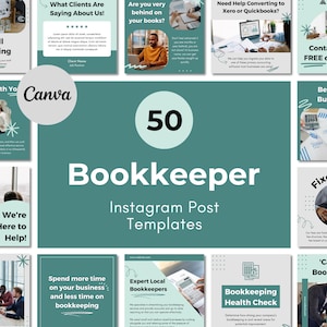 50 Bookkeeper Instagram Post Templates | Bookkeeping Services Business | Brand Feed | Canva Templates | Images Included | Blue Teal Grey