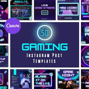 50 Gaming Instagram Post Templates | Neon Gamer Twitch Streamer | Brand Feed | Canva Templates | Neon Blue Purple