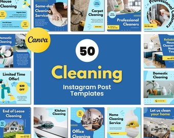 50 Cleaning Instagram Post Templates | Cleaning Service Cleaner Housekeeper | Brand Feed | Canva Templates | Images Included | Blue Yellow