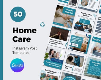 50 Home Care Instagram Post Templates | Homecare Services Social Media | Brand Feed | Canva Templates | Blue Teal | Caregiver Marketing