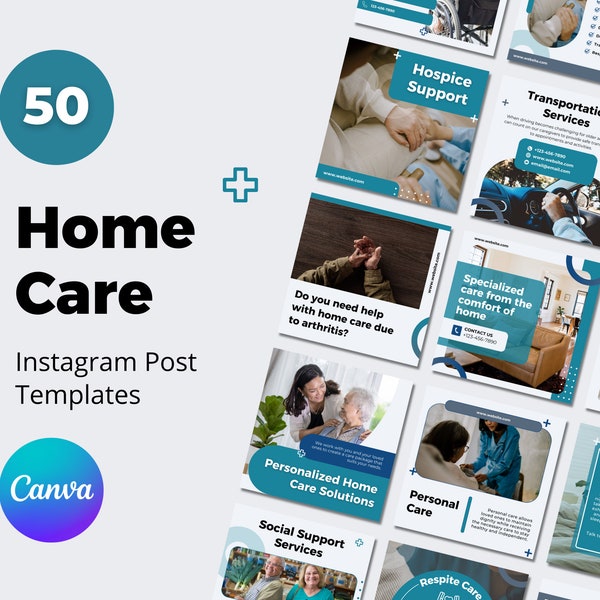 50 Home Care Instagram Post Templates | Homecare Services Social Media | Brand Feed | Canva Templates | Blue Teal | Caregiver Marketing