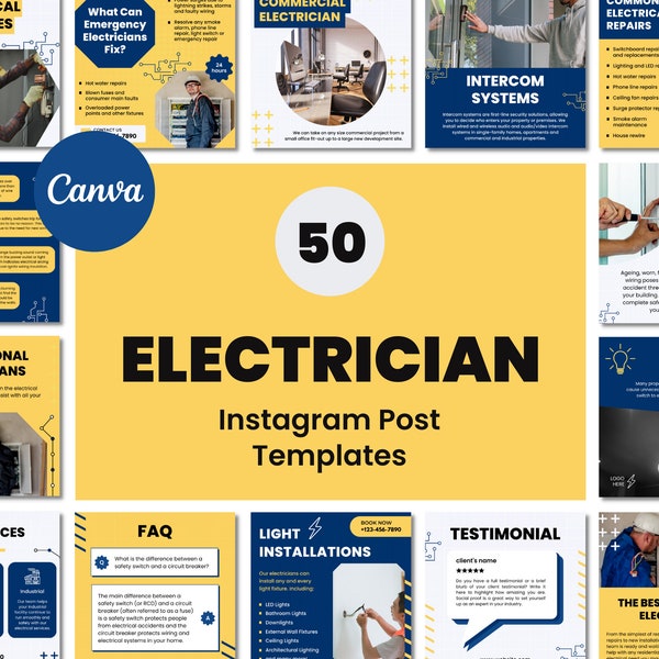 50 modèles de publication Instagram pour électricien | Service électrique Électricité | Flux de marque | Marketing des électriciens | Modèles Canva | Bleu jaune