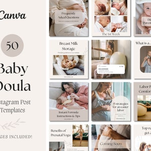 50 Baby Doula Instagram Post Templates | Mom Pregnancy Blogger Nurse Lactation Consultant  | Brand Feed | Canva Templates | Beige Neutral