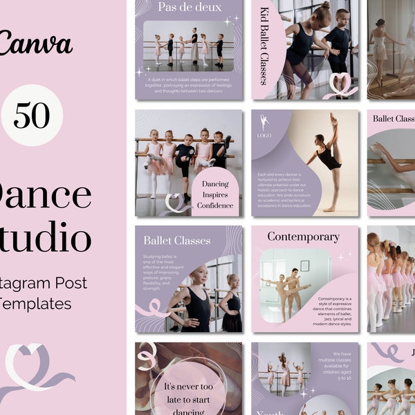 50 Ballet Dance Studio Instagram Post Templates | Dance Academy Dance Teacher | Brand Feed | Canva Templates | Pink Purple