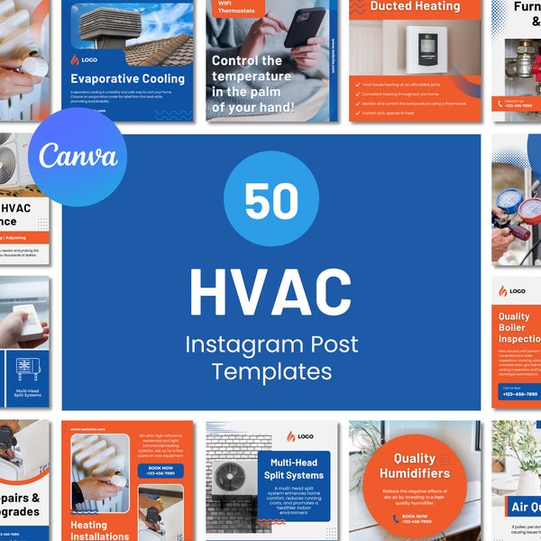 50 HVAC Instagram Post Templates | Heating Ventilation Air Conditioning Services | Brand Feed | Canva Templates | HVAC Business Marketing