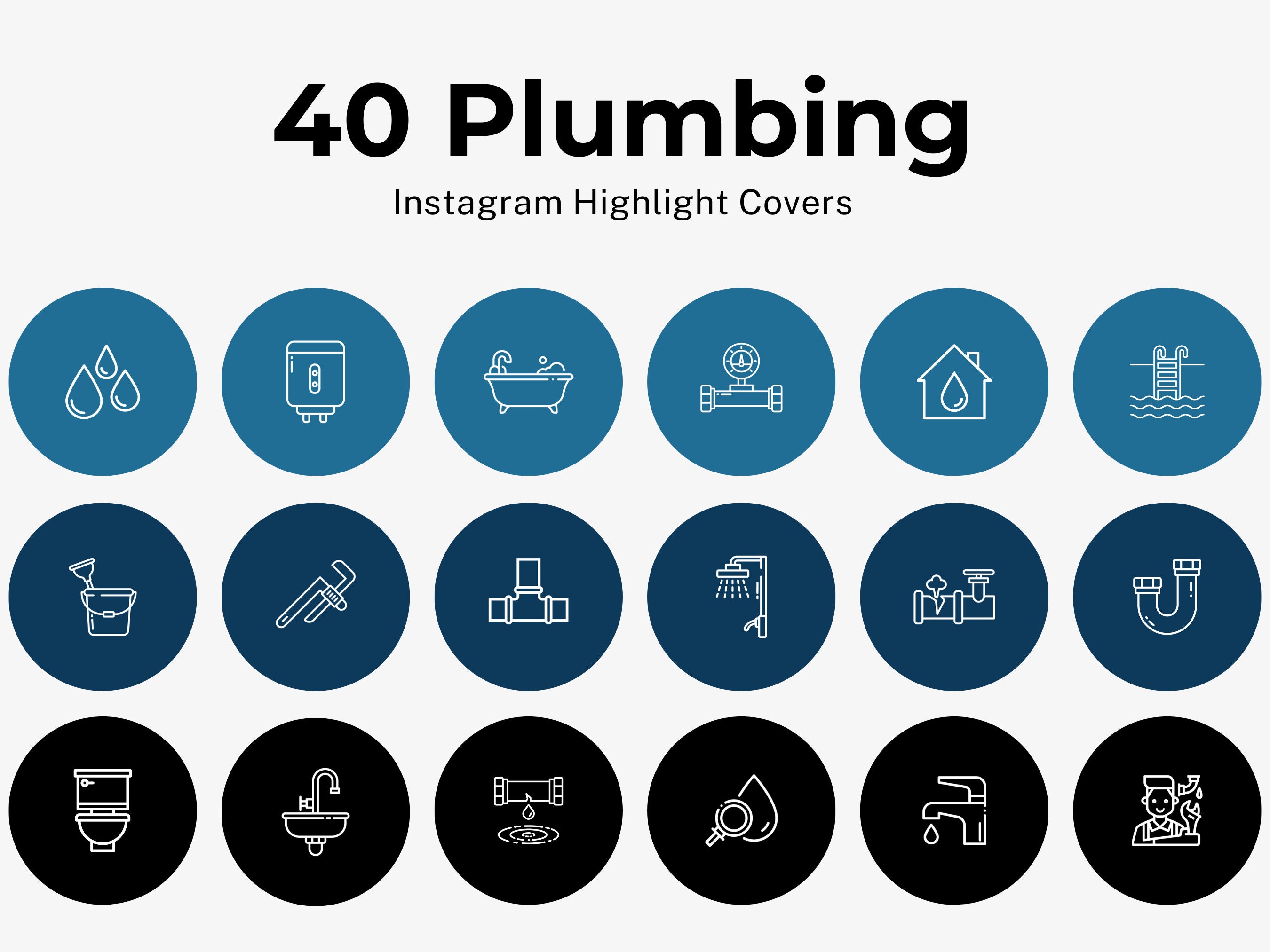 40 Plumbing Instagram Highlight Covers | Plumber Plumbing Service Business | 5x Color Backgrounds | IG Story Cover Icons | Blue Black Grey