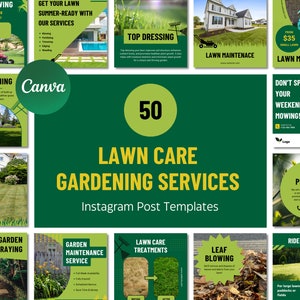 50 modelos de postagem do Instagram sobre cuidados com o gramado | Serviços de paisagismo de árvores de jardinagem | Modelos de Canva | Verde Amarelo | Postagens editáveis sobre cuidados com o gramado