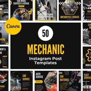 50 Auto Mechanic Instagram Post Templates | Automotive Car Repair Shop | Brand Feed | Canva Templates | Images Included | Black Yellow