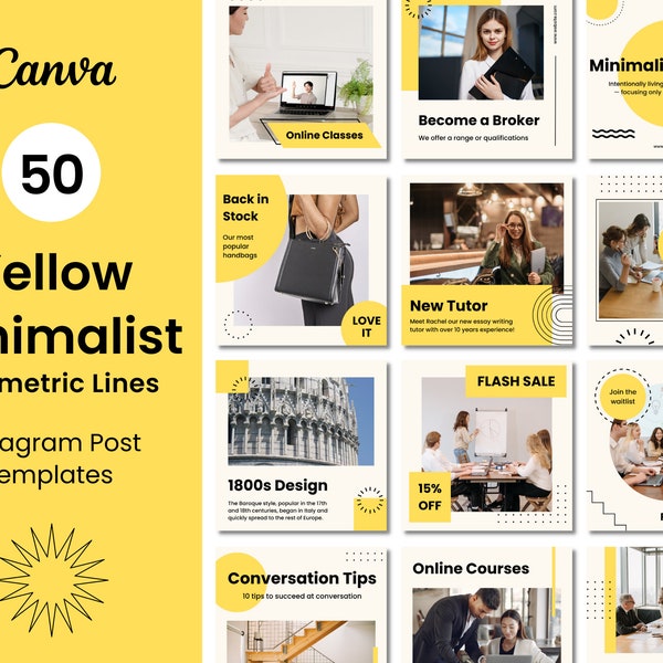 50 Yellow Minimalist Instagram Post Templates | Modern Yellow Shapes & Geometric Lines | Brand Feed | Canva Templates | Yellow White