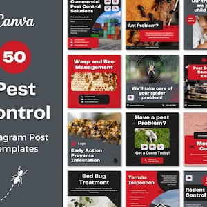 50 Pest Control Instagram Post Templates | Residential & Commercial Pest Termite Exterminator Business | Canva Templates | Black Red