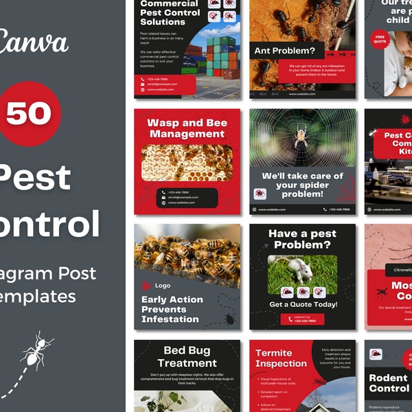 50 Pest Control Instagram Post Templates | Residential & Commercial Pest Termite Exterminator Business | Canva Templates | Black Red